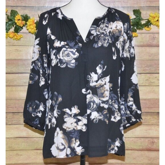 Violet + Claire Ladies S Black Floral Sheer Chiffon Blouse Top V-Neck Casual - Picture 1 of 10